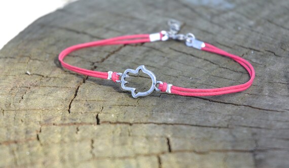 Hamsa Anklet for Women, Silver Plated Hand of Fatima Charm Ankle Bracelet, Custom Color String, Evil Eye Protection Gift for Her, Pink