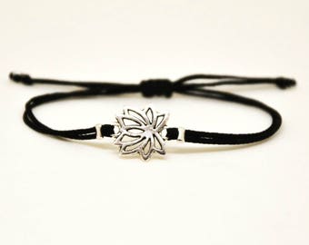 Lotus Charm Bracelet: Silver Tone Flower, Black Cotton Cord