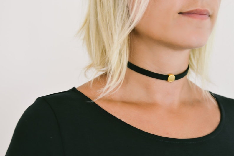 Birthday gift, Choker necklace with a gold round bead, Gold charm choker necklace, Faux leather necklace for women, 90s choker necklace image 2