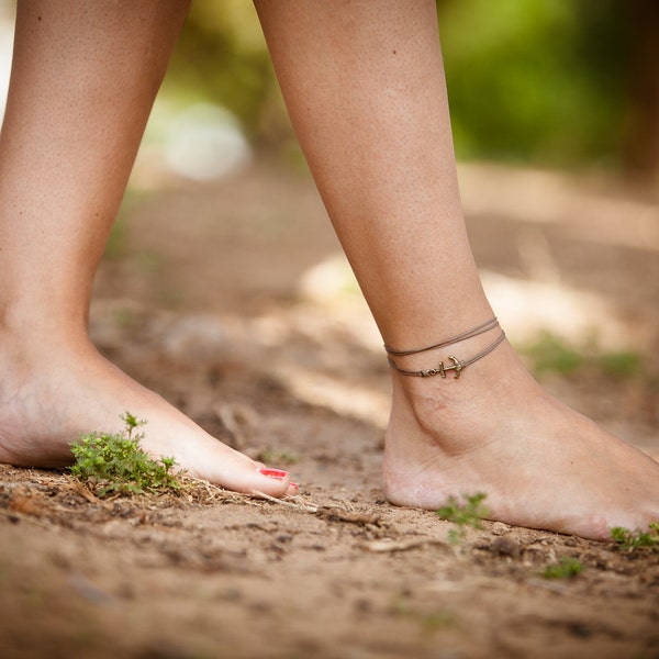 Anchor anklet, brown nautical wrap anklet with a bronze charm, brown ankle bracelet, gift for her, summer beach jewelry, nautical minimalist