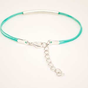 Silver bar bracelet, turquoise cord bracelet with a silver plated tube, teal string, stack bracelet, minimalist jewelry, gift for her