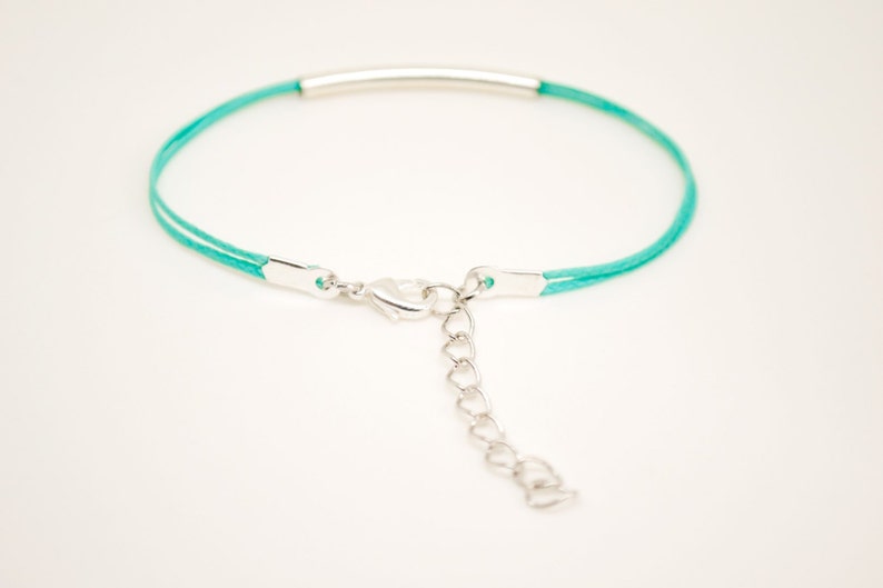 Silver bar bracelet, turquoise cord bracelet with a silver plated tube, teal string, stack bracelet, minimalist jewelry, gift for her