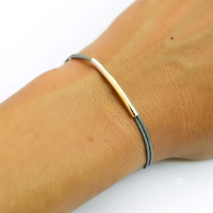 Pulsera de barra de plata, pulsera de cordón con tubo bañado en plata, hilo gris, ajustable para muñecas delgadas, joyería minimalista, regalo para ella