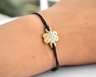 Bracelet infini, bracelet à cordes noires avec breloque noeud sans fin doré, bracelet de yoga personnalisé, noeud celtique réglable, cadeau de fête des mères pour elle