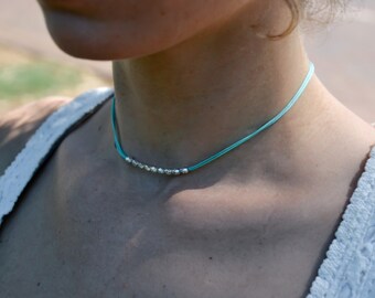 Turquoise Cord Choker Necklace: Silver Tone Beads, Minimalist Jewelry
