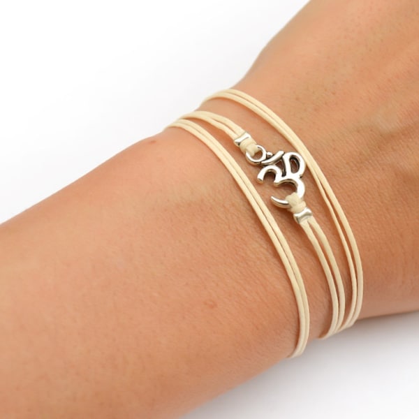 OM bracelet, beige wrapped bracelet with silver Ohm charm, preppy jewelry friendship gift, Hindu, yoga bracelet, spiritual jewelry, gift