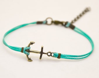 Bracelet ancre, breloque ancre bronze bracelet cordon, ficelle turquoise, cadeau personnalisé pour elle, bijoux minimalistes, bijoux preppy nautiques