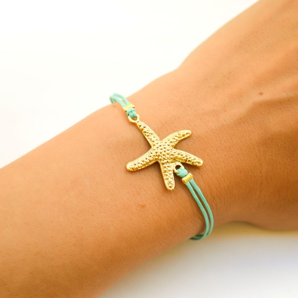 Bracelet étoile de mer, bracelet cordon turquoise avec une breloque étoile de mer dorée, bijoux nautiques d'été, vie marine, cadeau pour elle, bracelet or plage