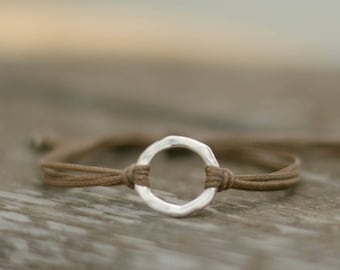 Karma bracelet, brown cord bracelet, silver circle charm, spiritual yoga jewelry, adjustable bracelet, minimalist, sliding knot gift for her