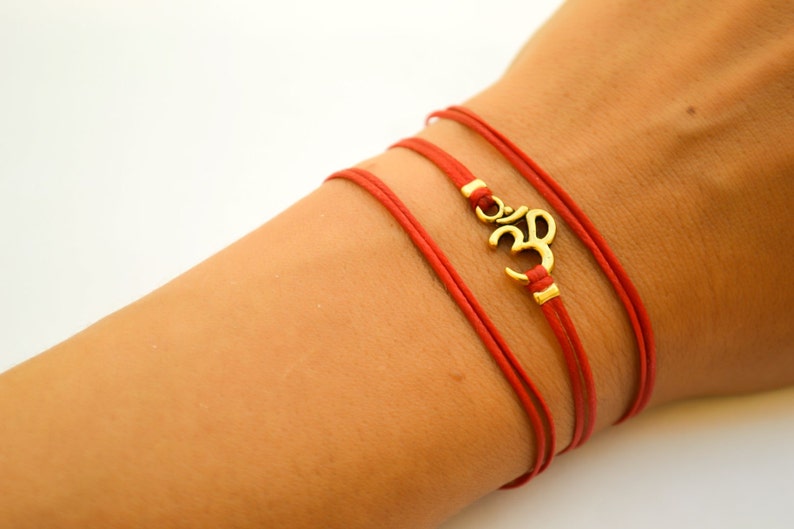OM bracelet, wrapped bracelet with gold tone Om charm, Hindu symbol, red, gift for her, yoga bracelet, lucky charm, ohm spiritual jewelry image 1