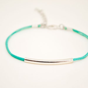 Silver bar bracelet, turquoise cord bracelet with a silver plated tube, teal string, stack bracelet, minimalist jewelry, gift for her