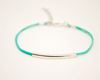 Silver bar bracelet, turquoise cord bracelet with a silver plated tube, teal string, stack bracelet, minimalist jewelry, gift for her