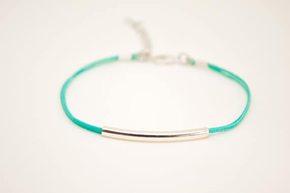 Turquoise Cord Bracelet: Silver Plated Bar, Adjustable Minimalist Jewelry