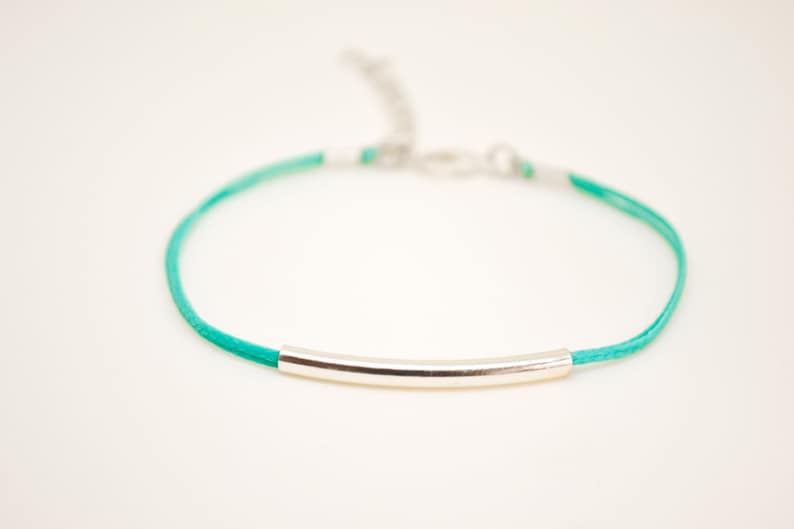 Silver bar bracelet, turquoise cord bracelet with a silver plated tube, teal string, stack bracelet, minimalist jewelry, gift for her
