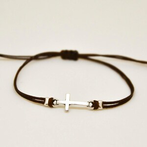 silver cross charm bracelet adjustable brown cord handmade custom color