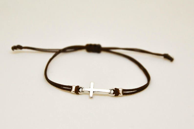 silver cross charm bracelet adjustable brown cord handmade custom color