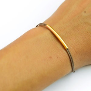 Gold bar bracelet, cord bracelet, gold tube bar bead, brown cord layers bracelet, mothers day gift for her, minimalist jewelry, gift wrapped