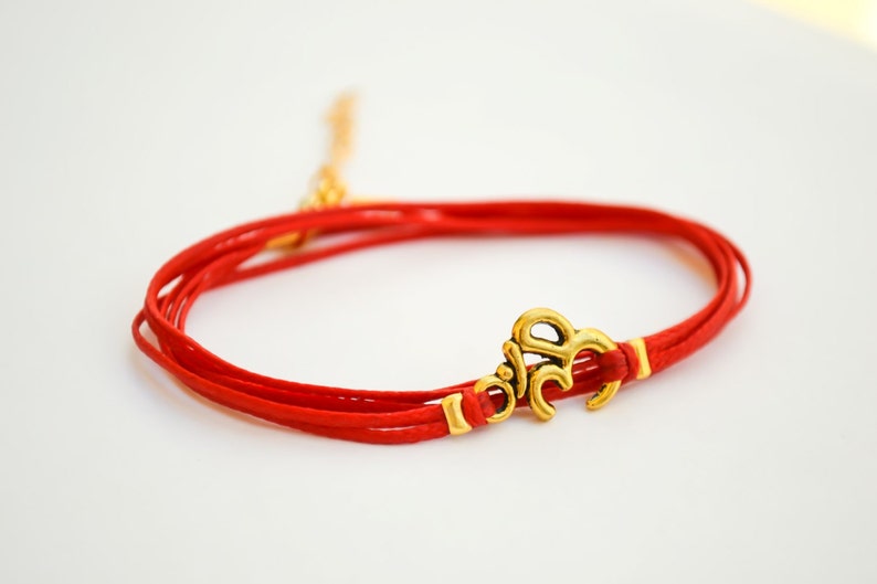 OM bracelet, wrapped bracelet with gold tone Om charm, Hindu symbol, red, gift for her, yoga bracelet, lucky charm, ohm spiritual jewelry image 2