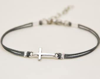 Cross Bracelet: Gray Cord, Silver Tone Charm, Confirmation Gift