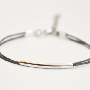 Silver bar bracelet, turquoise cord bracelet with a silver plated tube, teal string, stack bracelet, minimalist jewelry, gift for her