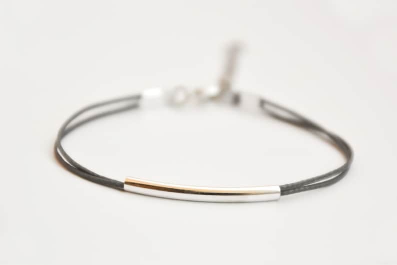 Silver bar bracelet, turquoise cord bracelet with a silver plated tube, teal string, stack bracelet, minimalist jewelry, gift for her