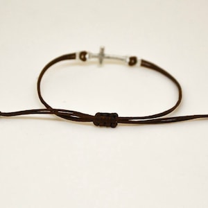 silver cross charm bracelet adjustable brown cord handmade custom color