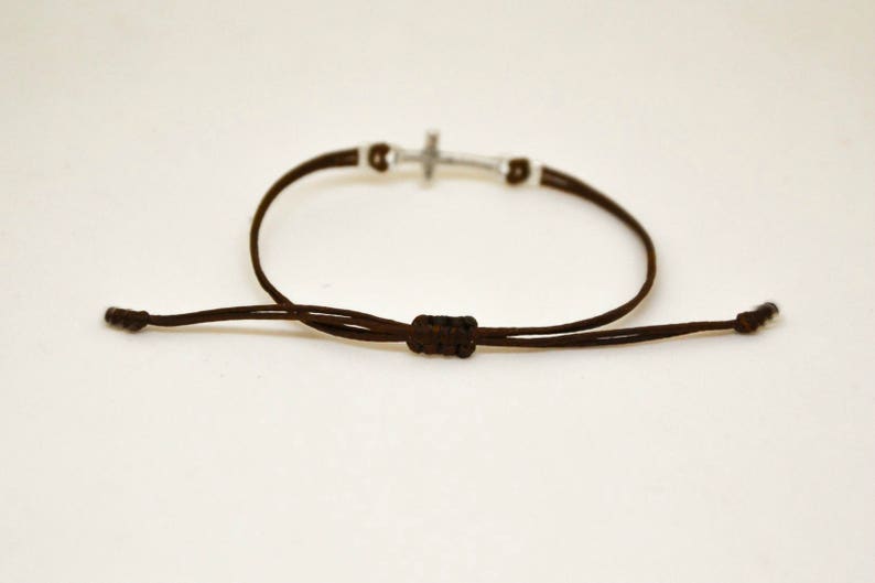 silver cross charm bracelet adjustable brown cord handmade custom color