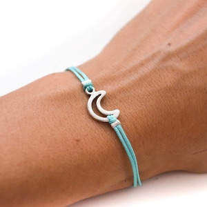 Moon bracelet for women silver tone crescent moon charm turquoise cotton string girlfriend custom gift for her celestial jewelry adjustable