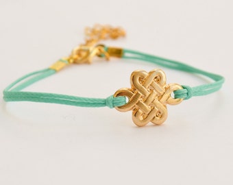 Bridesmaid Invitation Bracelet Proposal, Infinity bracelet, turquoise string cord, gold endless charm, yoga bracelet, Tibetan celtic knot