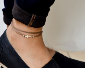 Cross anklet for women wrapped ankle bracelet silver tone cross charm christian catholic jewelry brown string gift for her bridesmaids gift