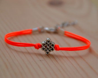 Infinity bracelet, bright peach cord bracelet, silver endless knot bead, Yoga bracelet, Tibetan chinese celtic knot, bracelets for her, gift