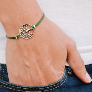 Tree of life bracelet, adjustable bracelet with silver tree charm, green cord, gift for her, minimalist yoga bracelet, spiritual, daughter
