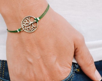 Tree of life bracelet, adjustable bracelet with silver tree charm, green cord, gift for her, minimalist yoga bracelet, spiritual, daughter