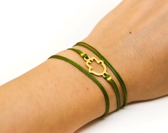 Hamsa bracelet, wrap green cord bracelet ,gold hamsa charm, dark green string, protection from evil eye, spiritual jewelry, wrapped bracelet