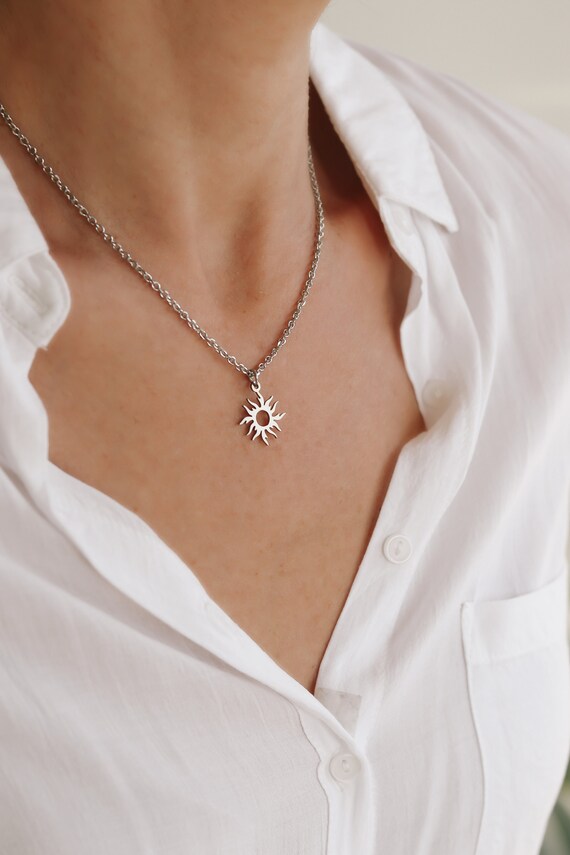 Silver Sun Necklace, Sunshine Sunburst Pendant, Stainless