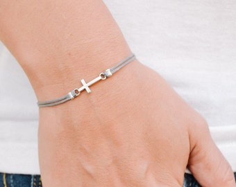Cross bracelet, women bracelet with silver cross charm, christian catholic jewelry, gray cord, gift for her, bridesmaids gift, grey bracelet