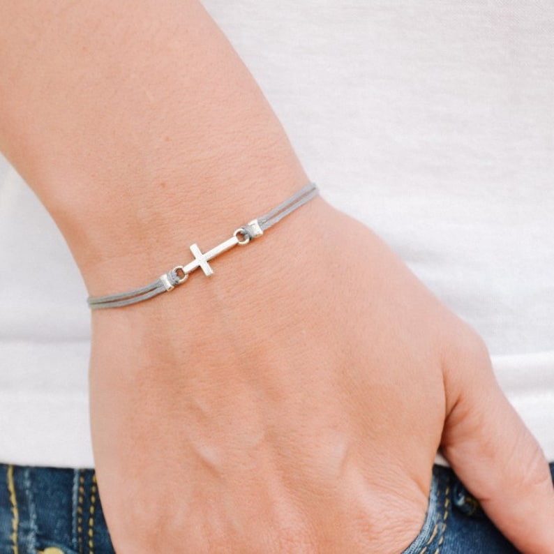 silver cross charm bracelet adjustable gray cord handmade