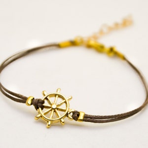 Gold Plated Ship Wheel Bracelet: Brown Cotton Cord Nautical Jewelry