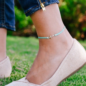 Turquoise String Cross Anklet: Silver Tone Charm, Christian Jewelry