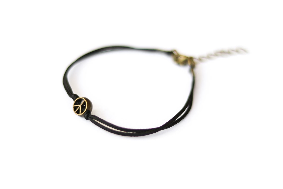 Peace Bracelet Black String Bracelet With Bronze Peace Charm Etsy