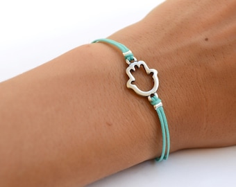 Pulsera Hamsa plateada con dije de la Mano de Fátima, joyería espiritual ajustable para la buena suerte y la protección, color personalizable.
