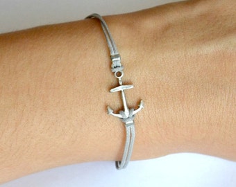 Anchor charm bracelet with gray string, silver plated anchor charm, summer beach jewelry bracelet, gift for her, minimalist nautical jewelry