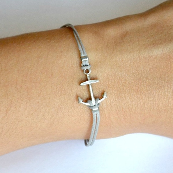 Silver Plated Anchor Bracelet: Gray Cotton Cord, Nautical Jewelry