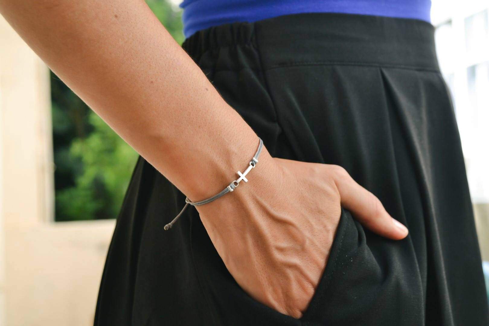 Bracciale Cristiano Con Croce Per Madrina, Regalo Festa Della Mamma, Perline In Pietra Naturale 8 Mm, Cordino Elastico
