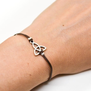 Trinity bracelet for women silver tone Triquetra charm celtic knot brown string adjustable wife gift for her Christian God Son Holy Spirit