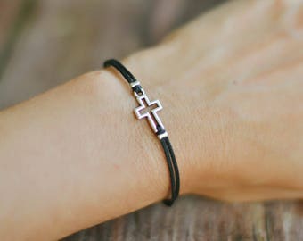 Cross bracelet, women bracelet with silver cross charm, christian catholic jewelry, black cord, gift for her, bridesmaids gift,grey bracelet