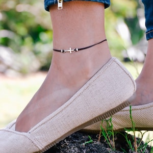 Silver Cross Anklet brown Cord Adjustable Dainty Ankle Bracelet Minimalist Boho Jewelry Beach Anklet Faith Gift for Her Christian Gift