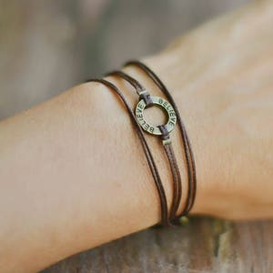 Believe bracelet for women brown string bracelet bronze circle charm karma wrapped bracelet inspiration motivation jewelry Karma and luck