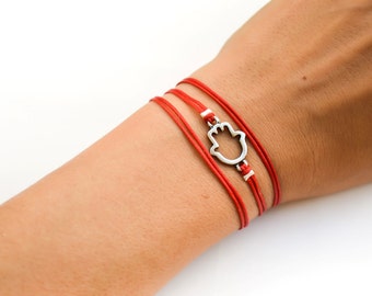 Hamsa bracelet, red wrapped bracelet, silver Hamsa charm, red string, Kabbalah bracelet, judaism, protection, gift for her, jewish jewelry