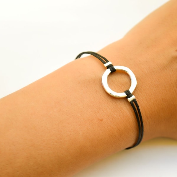 Karma bracelet, black cord bracelet with a silver circle charm, friendship bracelet, dainty minimalist jewelry, gift for her, spiritual